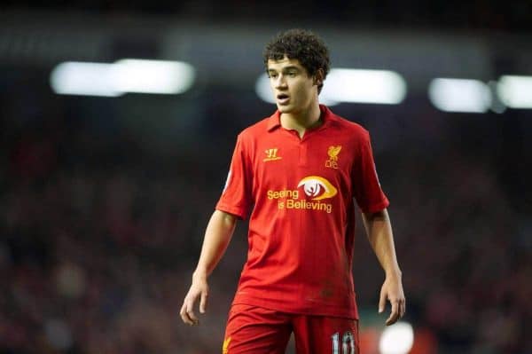 LIVERPOOL, ENGLAND - Monday, February 11, 2013: Liverpool's new signing Philippe Coutinho Correia in action against West Bromwich Albion during the Premiership match at Anfield. (Pic by David Rawcliffe/Propaganda)