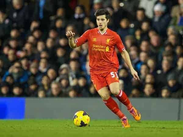 LONDON, ENGLAND - Wednesday, February 12, 2014: Liverpool's Joao Carlos Teixeira in action against Fulham during the Premiership match at Craven Cottage. (Pic by David Rawcliffe/Propaganda)