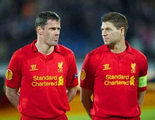 SAINT PETERSBURG, RUSSIA - Thursday, February 14, 2013: Liverpool's Jamie Carragher and captain Steven Gerrard before the UEFA Europa League Round of 32 1st Leg match against FC Zenit St Petersburg at the Stadio Petrovski. (Pic by David Rawcliffe/Propaganda)