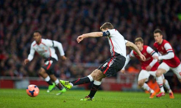 LONDON, ENGLAND - Sunday, February 16, 2014: Liverpool's captain Steven Gerrard scores the first goal against Arsenal from the penalty spot during the FA Cup 5th Round match at the Emirates Stadium. (Pic by David Rawcliffe/Propaganda)