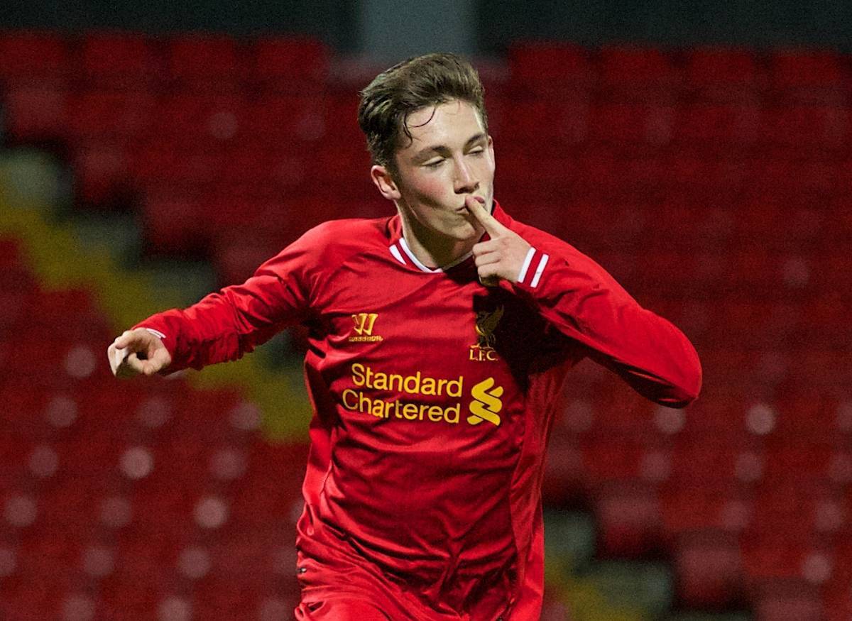 WATFORD, ENGLAND - Wednesday, February 19, 2014: Liverpool's Harry Wilson celebrates scoring the second goal against Watford during the FA Youth Cup 5th Round match at Vicarage Road. (Pic by David Rawcliffe/Propaganda)