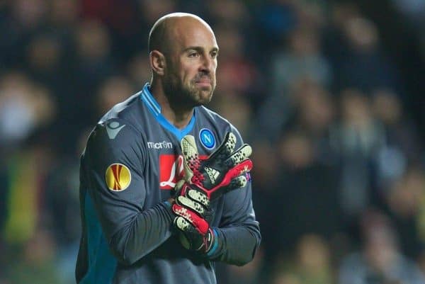 SWANSEA, WALES - Thursday, February 20, 2014: SSC Napoli's goalkeeper Pepe Reina during the UEFA Europa League Round of 32 1st Leg match against Swansea City at the Liberty Stadium. (Pic by David Rawcliffe/Propaganda)