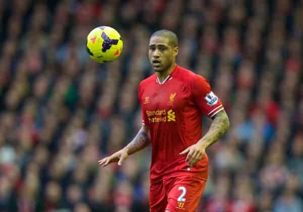 LIVERPOOL, ENGLAND - Sunday, February 23, 2014: Liverpool's Glen Johnson in action against Swansea City during the Premiership match at Anfield. (Pic by David Rawcliffe/Propaganda)