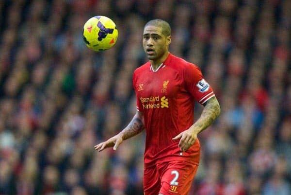 LIVERPOOL, ENGLAND - Sunday, February 23, 2014: Liverpool's Glen Johnson in action against Swansea City during the Premiership match at Anfield. (Pic by David Rawcliffe/Propaganda)