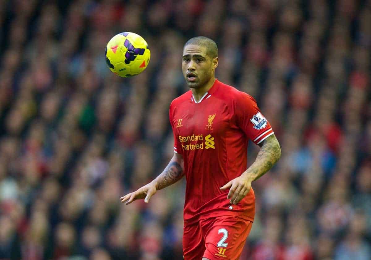 LIVERPOOL, ENGLAND - Sunday, February 23, 2014: Liverpool's Glen Johnson in action against Swansea City during the Premiership match at Anfield. (Pic by David Rawcliffe/Propaganda)