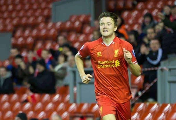 LIVERPOOL, ENGLAND - Thursday, February 27, 2014: Liverpool's Jordan Lussey celebrates scoring the third goal against Wolverhampton Wanderers during the Under 21 FA Premier League match at Anfield. (Pic by David Rawcliffe/Propaganda)