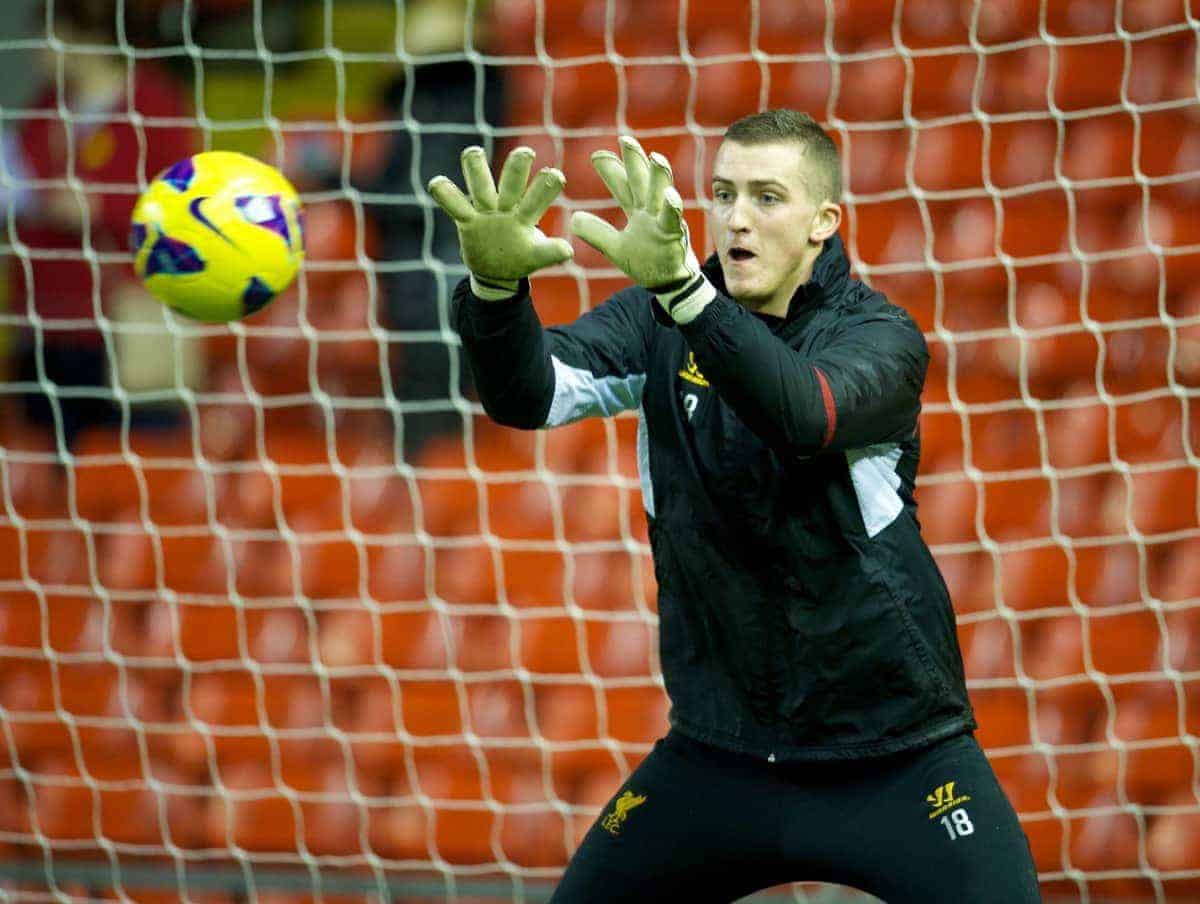 LIVERPOOL, ENGLAND - Thursday, February 28, 2013: Liverpool's goalkeeper Ryan Fulton warms-up before the FA Youth Cup 5th Round match against Leeds United at Anfield. (Pic by David Rawcliffe/Propaganda)