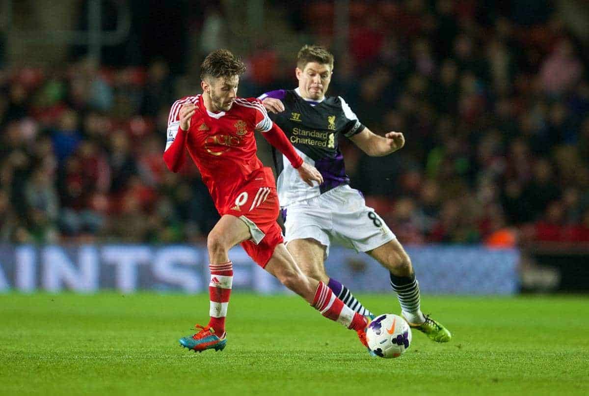 SOUTHAMPTON, ENGLAND - Saturday, March 1, 2014: Liverpool's captain Steven Gerrard in action against Southampton's captain Adam Lallana during the Premiership match at St Mary's Stadium. (Pic by David Rawcliffe/Propaganda)