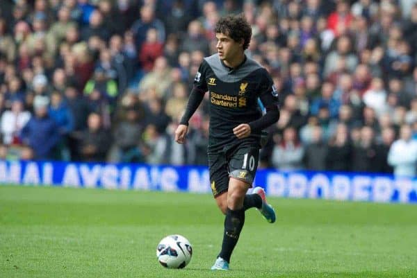 BIRMINGHAM, ENGLAND - Easter Sunday, March 31, 2013: Liverpool's Philippe Coutinho Correia in action against Aston Villa during the Premiership match at Villa Park. (Pic by David Rawcliffe/Propaganda)