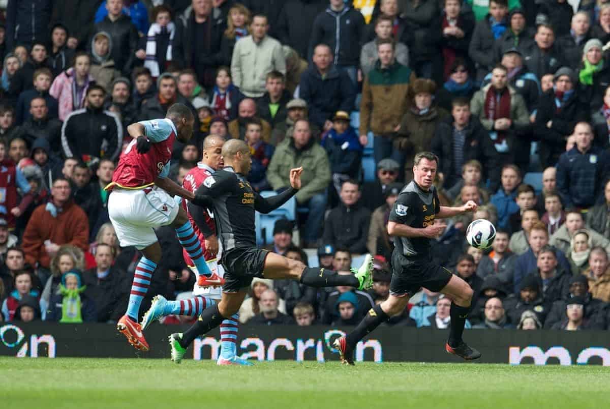 BIRMINGHAM, ENGLAND - Easter Sunday, March 31, 2013: Aston Villa's Christian Benteke scores the first goal against Liverpool during the Premiership match at Villa Park. (Pic by David Rawcliffe/Propaganda)