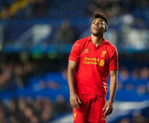 LONDON, ENGLAND - Friday, April 19, 2013: Liverpool's Jerome Sinclair looks dejected after missing a chance against Chelsea during the FA Youth Cup Semi-Final 2nd Leg match at Stamford Bridge. (Pic by David Rawcliffe/Propaganda)