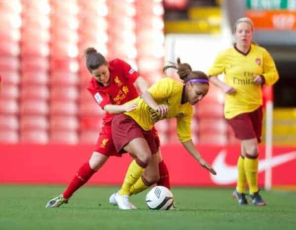 LIVERPOOL, ENGLAND - Friday, April 26, 2013: Liverpool's Nicole Rosler in action against Arsenal's Alex Scott during the FA Women's Cup Semi-Final match at Anfield. (Pic by David Rawcliffe/Propaganda)