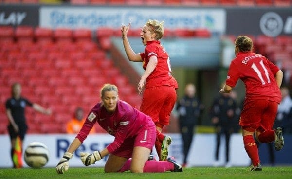 LIVERPOOL, ENGLAND - Friday, April 26, 2013: Liverpool's Natasha Dowie celebrates scoring the first goal against Arsenal to level the score 1-1 in injury time of the first half during the FA Women's Cup Semi-Final match at Anfield. (Pic by David Rawcliffe/Propaganda)