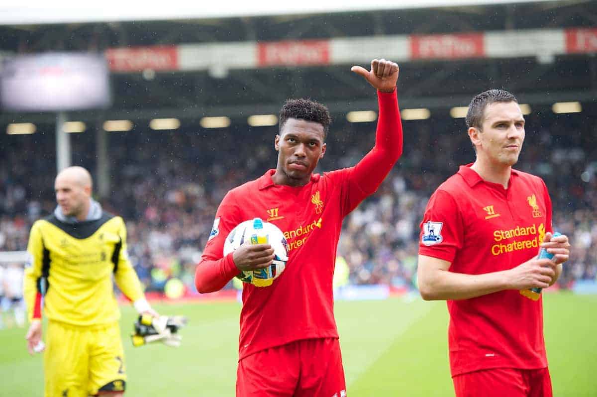 LONDON, ENGLAND - Sunday, May 12, 2013: Liverpool's hat-trick hero Daniel Sturridge with the match-ball after his three goals helped the Reds come from behind to beat Fulham 3-1 during the Premiership match at Craven Cottage. (Pic by David Rawcliffe/Propaganda)