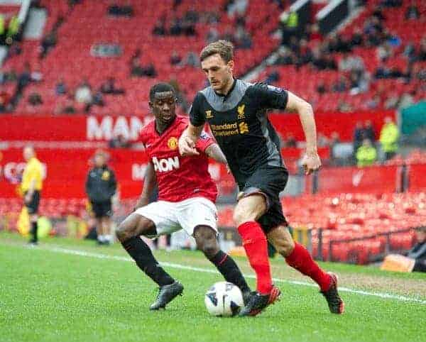 MANCHESTER, ENGLAND - Tuesday, May 14, 2013: Liverpool's Jack Robinson in action against Manchester United during the Premier League Academy Elite Group Semi-Final match at Old Trafford. (Pic by David Rawcliffe/Propaganda)