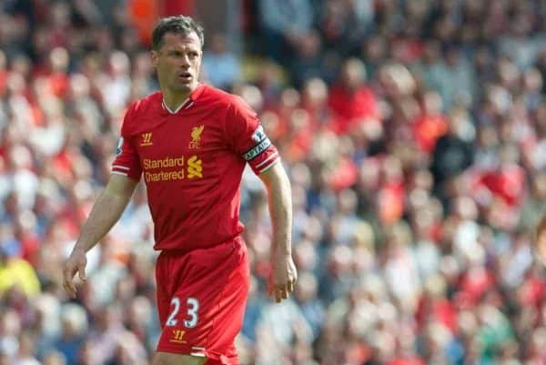 LIVERPOOL, ENGLAND - Sunday, May 19, 2013: Liverpool's captain Jamie Carragher making his 737th and last appearance for Liverpool during the final Premiership match of the 2012/13 season against Queens Park Rangers at Anfield. (Pic by David Rawcliffe/Propaganda)