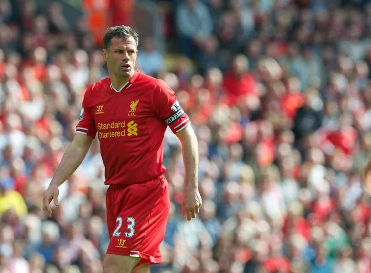 LIVERPOOL, ENGLAND - Sunday, May 19, 2013: Liverpool's captain Jamie Carragher making his 737th and last appearance for Liverpool during the final Premiership match of the 2012/13 season against Queens Park Rangers at Anfield. (Pic by David Rawcliffe/Propaganda)