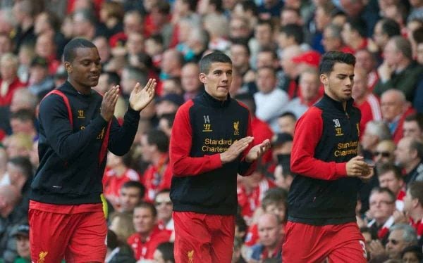LIVERPOOL, ENGLAND - Sunday, May 19, 2013: Liverpool's substitutes Andre Wisdom, Conor Coady and 'Suso' Jesus Joaquin Fernandez Saenz De La Torre warm-up during the final Premiership match of the 2012/13 season against Queens Park Rangers at Anfield. (Pic by David Rawcliffe/Propaganda)