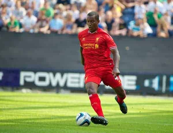 PRESTON, ENGLAND - Saturday, July 13, 2013: Liverpool's Andre Wisdom in action against Preston North End during a preseason friendly match at Deepdale. (Pic by David Rawcliffe/Propaganda)