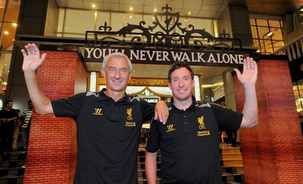 JAKARTA, INDONESIA - Thursday, July 18, 2013: Liverpool ambassadors Ian Rush and Robbie Fowler pose under a replica of the Shankly Gates after a fans' event at the FX Senayan Centre ahead of Liverpool FC's visit to Indonesia as part of their Preseason Tour. (Pic by David Rawcliffe/Propaganda)