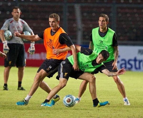 JAKARTA, INDONESIA - Friday, July 19, 2013: Liverpool's Luis Alberto and Jordan Henderson during a training session ahead of their preseason match against an Indonesian XI at the Gelora Bung Karno Stadium. (Pic by David Rawcliffe/Propaganda)