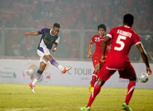 JAKARTA, INDONESIA - Saturday, July 20, 2013: Liverpool's Raheem Sterling in action against an Indonesia XI during a preseason friendly at the Gelora Bung Karno Stadium. (Pic by David Rawcliffe/Propaganda)