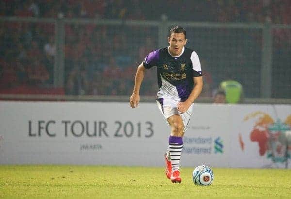 JAKARTA, INDONESIA - Saturday, July 20, 2013: Liverpool's Stewart Downing in action against an Indonesia XI during a preseason friendly at the Gelora Bung Karno Stadium. (Pic by David Rawcliffe/Propaganda)