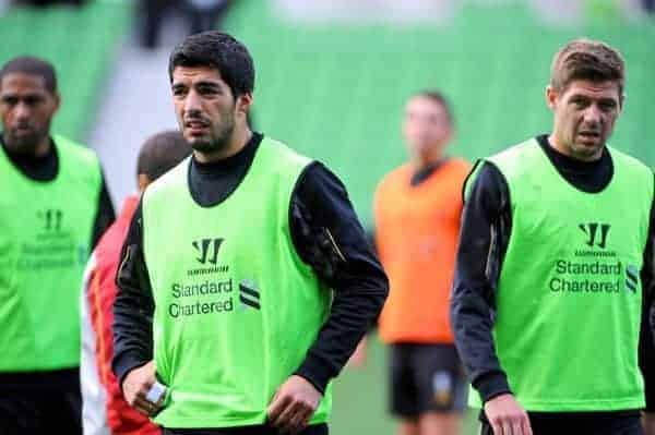 MELBOURNE, AUSTRALIA - Monday, July 22, 2013: Liverpool's Luis Suarez and captain Steven Gerrard during a training session at Aami Park ahead of their preseason friendly against Melbourne Victory. (Pic by David Rawcliffe/Propaganda)