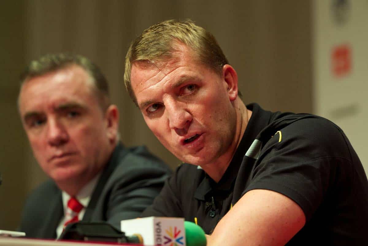 BANGKOK, THAILAND - Friday, July 26, 2013: Liverpool's manager Brendan Rodgers and Managing Director Ian Ayre during a press conference at the Plaza Athenee Hotel ahead of their preseason friendly match against Thailand. (Pic by David Rawcliffe/Propaganda)