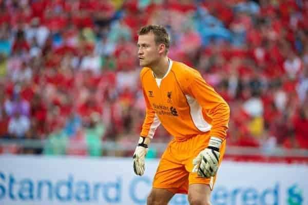 BANGKOK, THAILAND - Sunday, July 28, 2013: Liverpool's goalkeeper Simon Mignolet in action against Thailand XI during a preseason friendly match at the Rajamangala National Stadium. (Pic by David Rawcliffe/Propaganda)