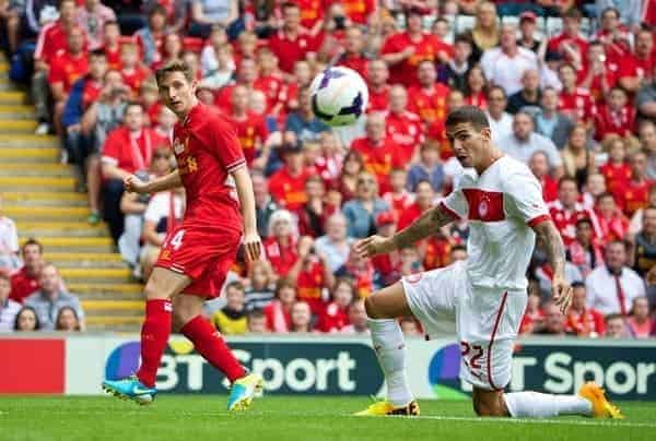 LIVERPOOL, ENGLAND - Saturday, August 3, 2013: Liverpool's Joe Allen in action against Olympiakos CFP during a preseason friendly match at Anfield. (Pic by David Rawcliffe/Propaganda)