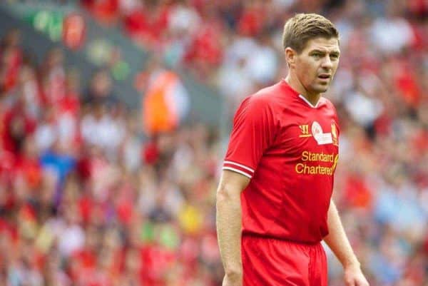 LIVERPOOL, ENGLAND - Saturday, August 3, 2013: Liverpool's captain Steven Gerrard in action against Olympiakos CFP during a preseason friendly match at Anfield. (Pic by David Rawcliffe/Propaganda)