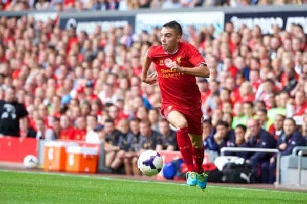 LIVERPOOL, ENGLAND - Saturday, August 3, 2013: Liverpool's Iago Aspas in action against Olympiakos CFP during a preseason friendly match at Anfield. (Pic by David Rawcliffe/Propaganda)