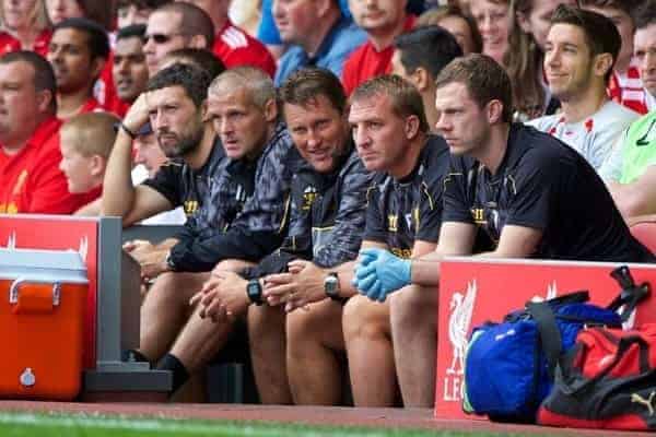 LIVERPOOL, ENGLAND - Saturday, August 3, 2013: Liverpool's manager Brendan Rodgers and assistant manager Colin Pascoe during a preseason friendly match against Olympiakos CFP at Anfield. (Pic by David Rawcliffe/Propaganda)