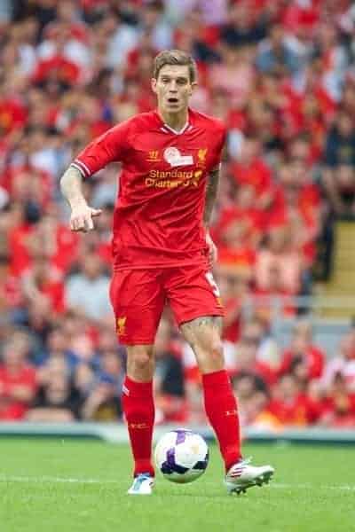 LIVERPOOL, ENGLAND - Saturday, August 3, 2013: Liverpool's Daniel Agger in action against Olympiakos CFP during a preseason friendly match at Anfield. (Pic by David Rawcliffe/Propaganda)