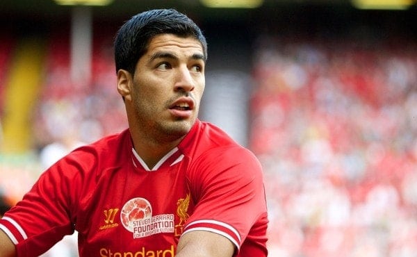 LIVERPOOL, ENGLAND - Saturday, August 3, 2013: Liverpool's Luis Suarez in action against Olympiakos CFP during a preseason friendly match at Anfield. (Pic by David Rawcliffe/Propaganda)