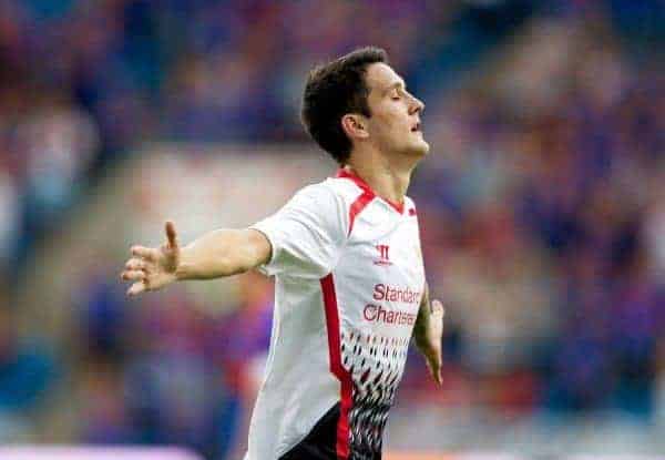 OSLO, NORWAY - Wednesday, August 7, 2013: Liverpool's Luis Alberto celebrates scoring the third goal against Valerenga during a preseason friendly match at the Ullevaal Stadion. (Pic by David Rawcliffe/Propaganda)