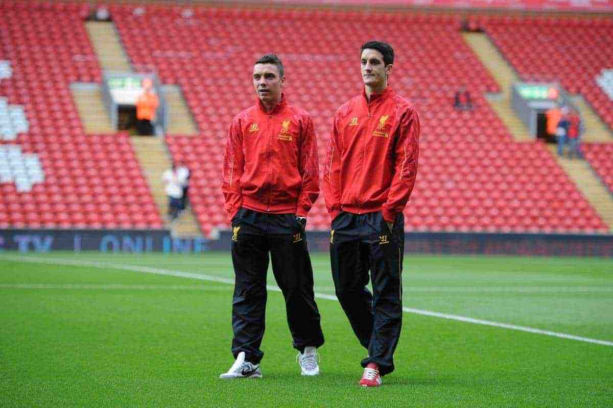 LIVERPOOL, ENGLAND - Saturday, August 17, 2013: Liverpool's Iago Aspas and Luis Alberto before the Premiership match against Stoke City at Anfield. (Pic by David Rawcliffe/Propaganda)