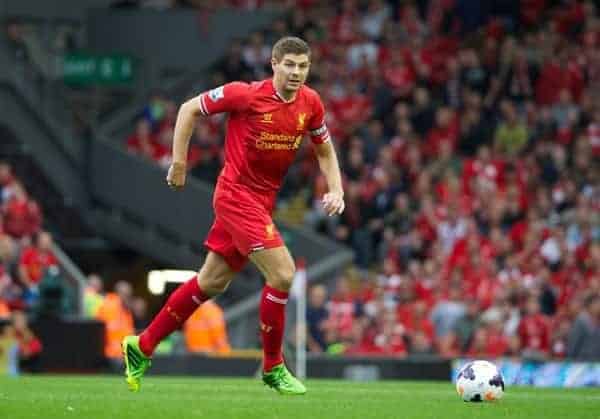 LIVERPOOL, ENGLAND - Saturday, August 17, 2013: Liverpool's captain Steven Gerrard in action against Stoke City during the Premiership match at Anfield. (Pic by David Rawcliffe/Propaganda)