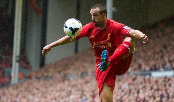 LIVERPOOL, ENGLAND - Saturday, August 17, 2013: Liverpool's Jose Enrique in action against Stoke City during the Premiership match at Anfield. (Pic by David Rawcliffe/Propaganda)