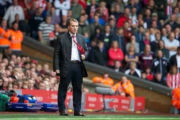 LIVERPOOL, ENGLAND - Saturday, August 17, 2013: Liverpool's manager Brendan Rodgers during the Premiership match against Stoke City at Anfield. (Pic by David Rawcliffe/Propaganda)