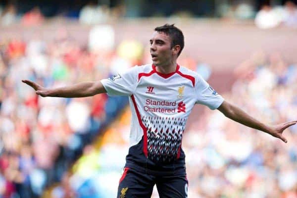 LIVERPOOL, ENGLAND - Saturday, August 24, 2013: Liverpool's Iago Aspas in action against Aston Villa during the Premiership match at Villa Park. (Pic by David Rawcliffe/Propaganda)