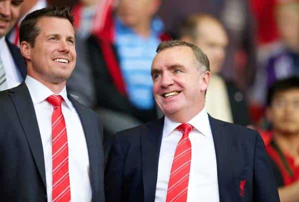 LIVERPOOL, ENGLAND - Tuesday, August 27, 2013: Liverpool's Commercial Director Billy Hogan and Managing Director Ian Ayre during the Football League Cup 2nd Round match against Notts County at Anfield. (Pic by David Rawcliffe/Propaganda)