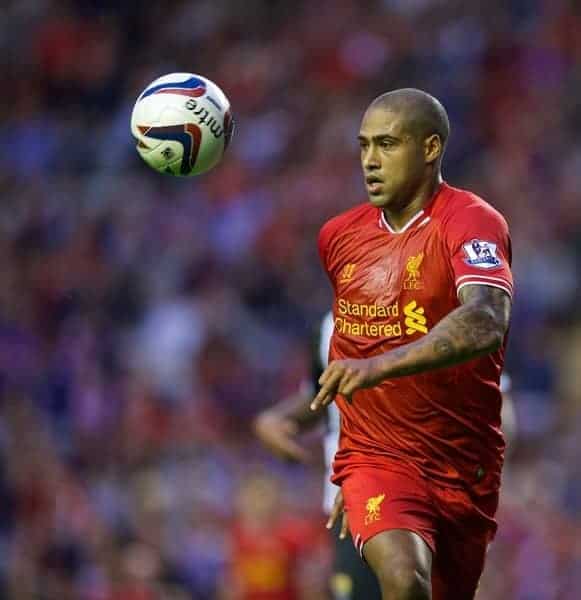 LIVERPOOL, ENGLAND - Tuesday, August 27, 2013: Liverpool's Glen Johnson in action against Notts County during the Football League Cup 2nd Round match at Anfield. (Pic by David Rawcliffe/Propaganda)