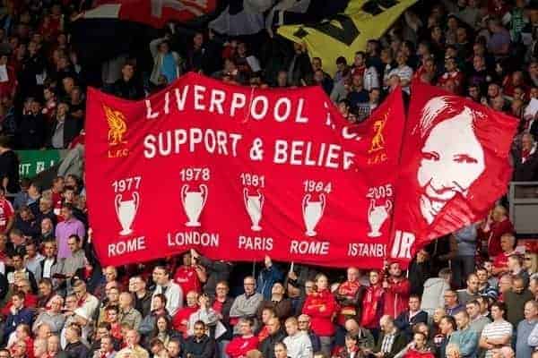 LIVERPOOL, ENGLAND - Sunday, September 1, 2013: Liverpool's supporters on the Spion Kop celebrate their five European Cup wins and remember Anne Williams before the Premiership match against Manchester United at Anfield. (Pic by David Rawcliffe/Propaganda)