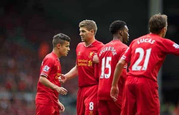 LIVERPOOL, ENGLAND - Sunday, September 1, 2013: Liverpool's captain Steven Gerrard organises a defensive wall against Manchester United during the Premiership match at Anfield. (Pic by David Rawcliffe/Propaganda)