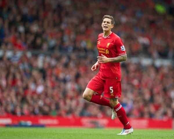LIVERPOOL, ENGLAND - Sunday, September 1, 2013: Liverpool's Daniel Agger in action against Manchester United during the Premiership match at Anfield. (Pic by David Rawcliffe/Propaganda)