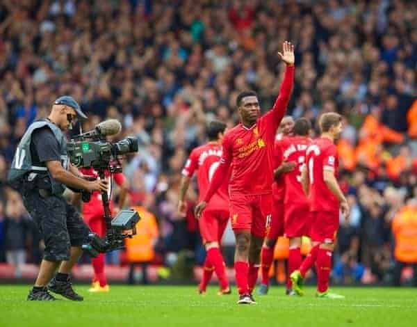 LIVERPOOL, ENGLAND - Sunday, September 1, 2013: Liverpool's Daniel Sturridge celebrates his side's 1-0 victory over Manchester United after the Premiership match at Anfield. (Pic by David Rawcliffe/Propaganda)