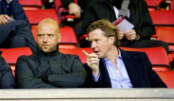 LIVERPOOL, ENGLAND - Tuesday, September 17, 2013: Former Liverpool players Michael Owen, Rob Jones and Steve McManaman during the Under 21 FA Premier League match between Liverpool and Sunderland at Anfield. (Pic by David Rawcliffe/Propaganda)	