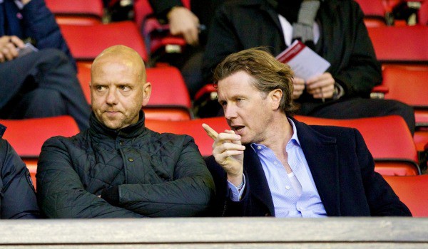 LIVERPOOL, ENGLAND - Tuesday, September 17, 2013: Former Liverpool players Michael Owen, Rob Jones and Steve McManaman during the Under 21 FA Premier League match between Liverpool and Sunderland at Anfield. (Pic by David Rawcliffe/Propaganda)